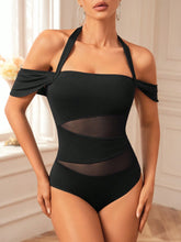 Oxana Designer Women's Black Sexy Mesh Panel Ruched Halter Neck Short Sleeves Backless Bodysuit, Holiday, New Year, Thanksgiving